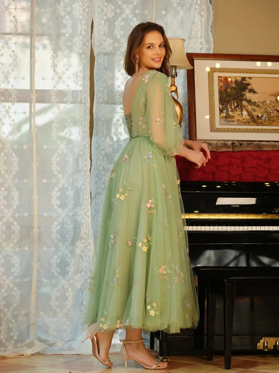 Romantic A-Line V-Neck Puff-Sleeve Lace-Up Floral Maxi Wedding Guest Dress