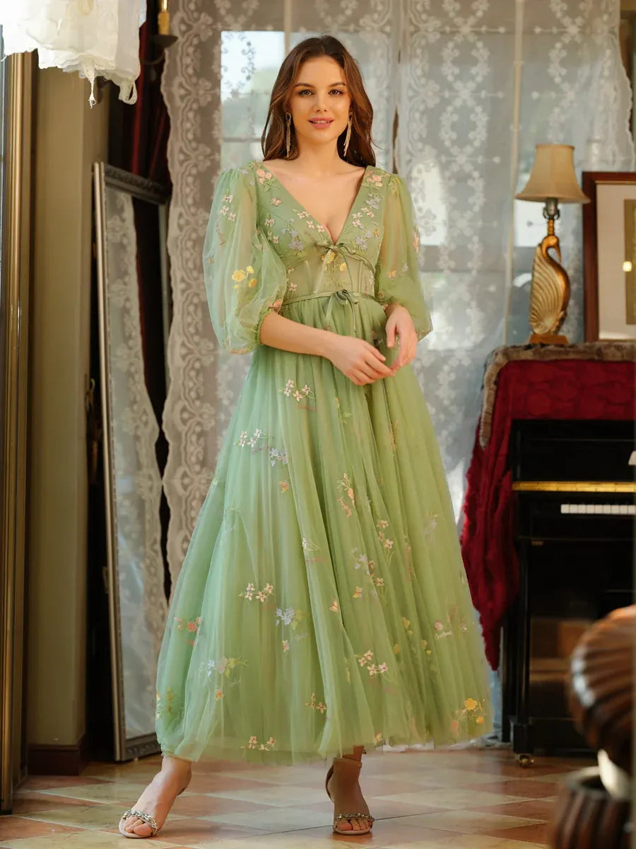Romantic A-Line V-Neck Puff-Sleeve Lace-Up Floral Maxi Wedding Guest Dress