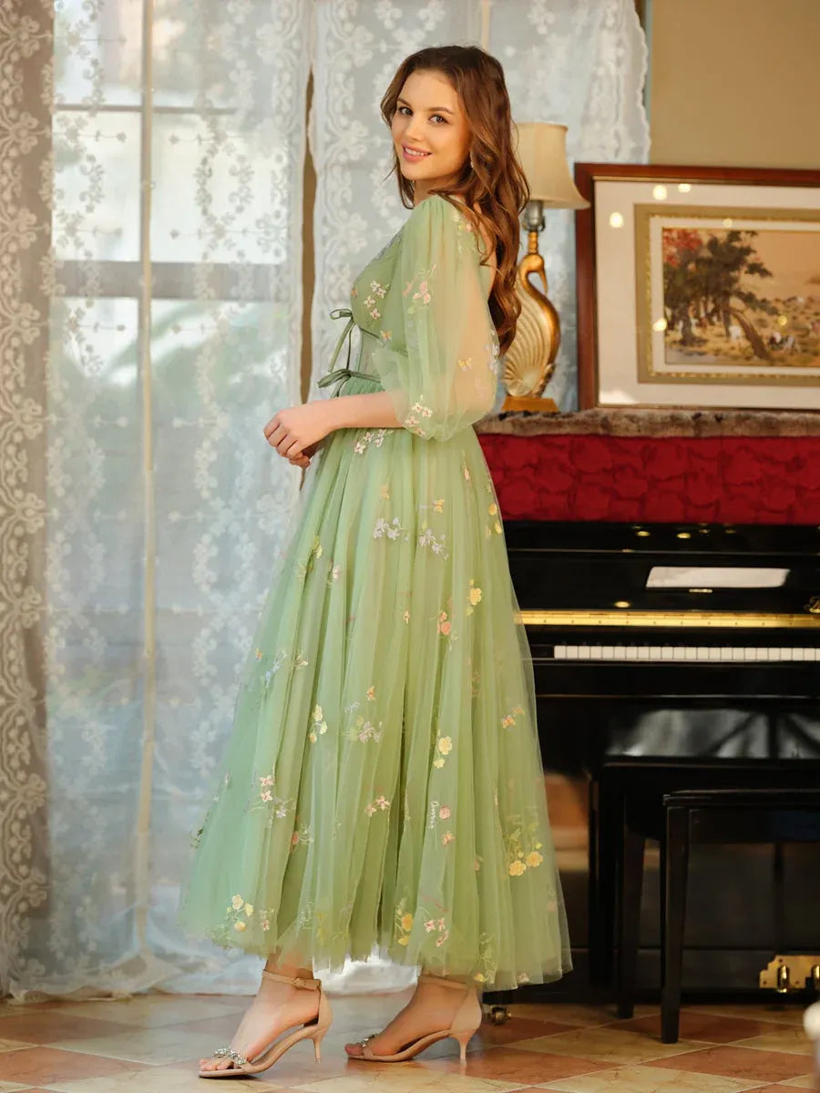 Romantic A-Line V-Neck Puff-Sleeve Lace-Up Floral Maxi Wedding Guest Dress