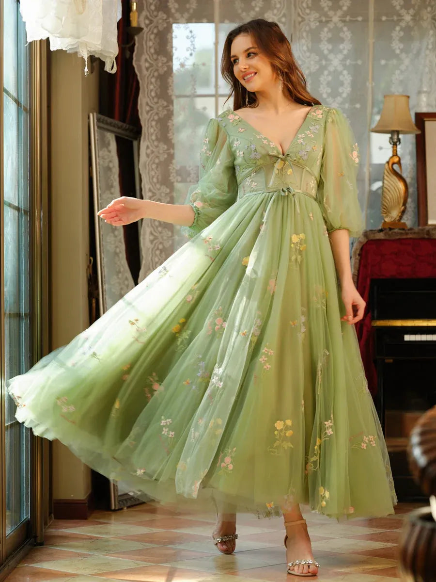 Romantic A-Line V-Neck Puff-Sleeve Lace-Up Floral Maxi Wedding Guest Dress