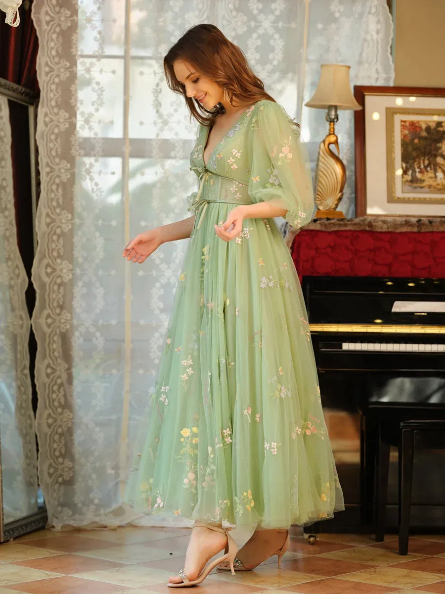 Romantic A-Line V-Neck Puff-Sleeve Lace-Up Floral Maxi Wedding Guest Dress