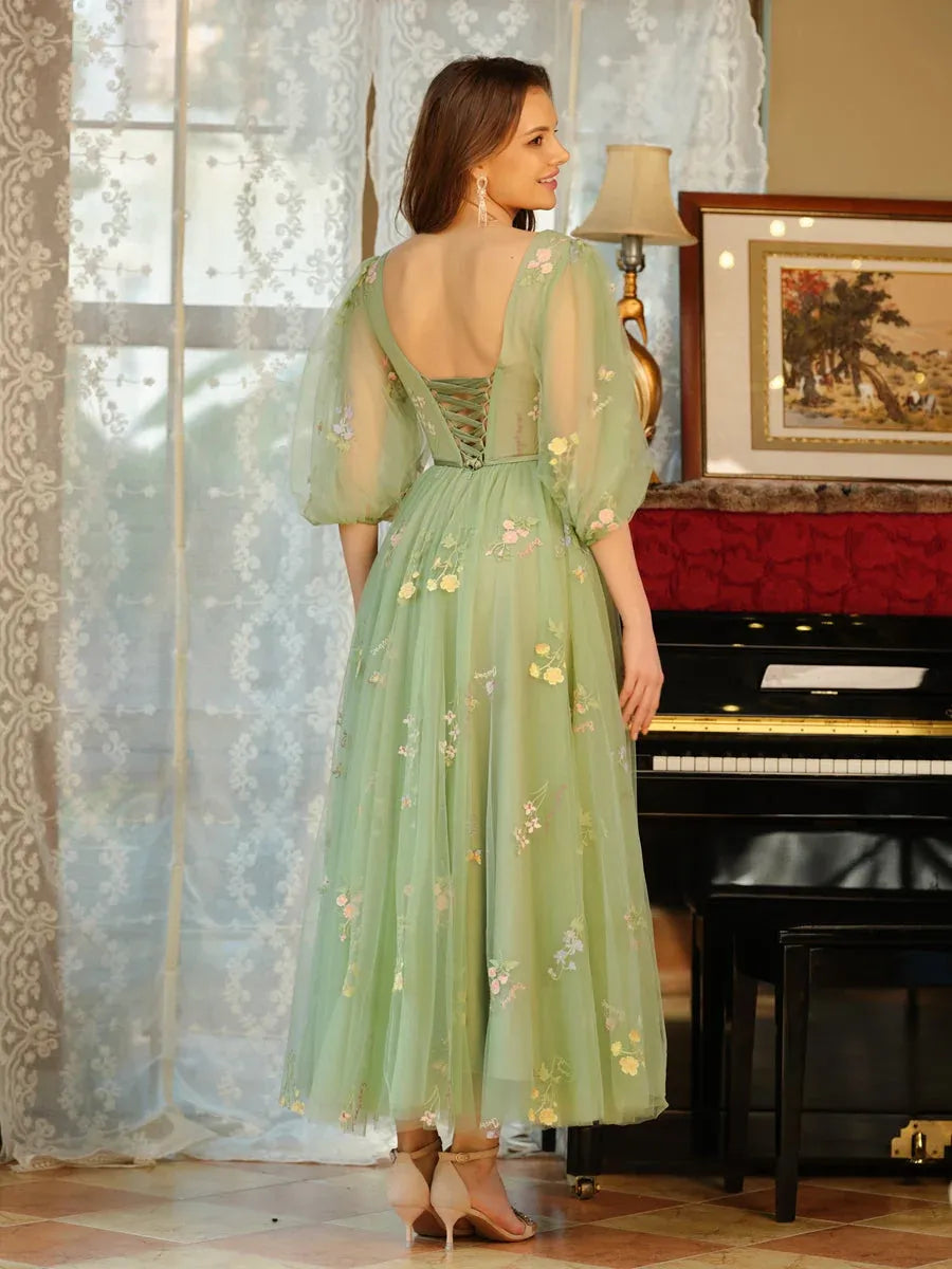 Romantic A-Line V-Neck Puff-Sleeve Lace-Up Floral Maxi Wedding Guest Dress
