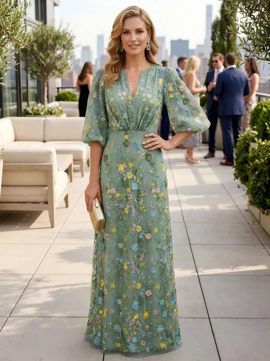 Loverlm sage green Mother of the Bride dress with V-neck puff sleeves floral embroidery defined waist and floor-length A-line skirt