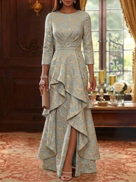 Sage green and gold floral jacquard Mother of the Bride dress with ruffle skirt and front slit by Loverlm