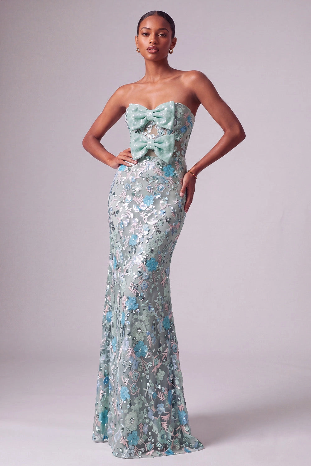 Loverlm sage green strapless mermaid prom dress floral sequin bow formal gown