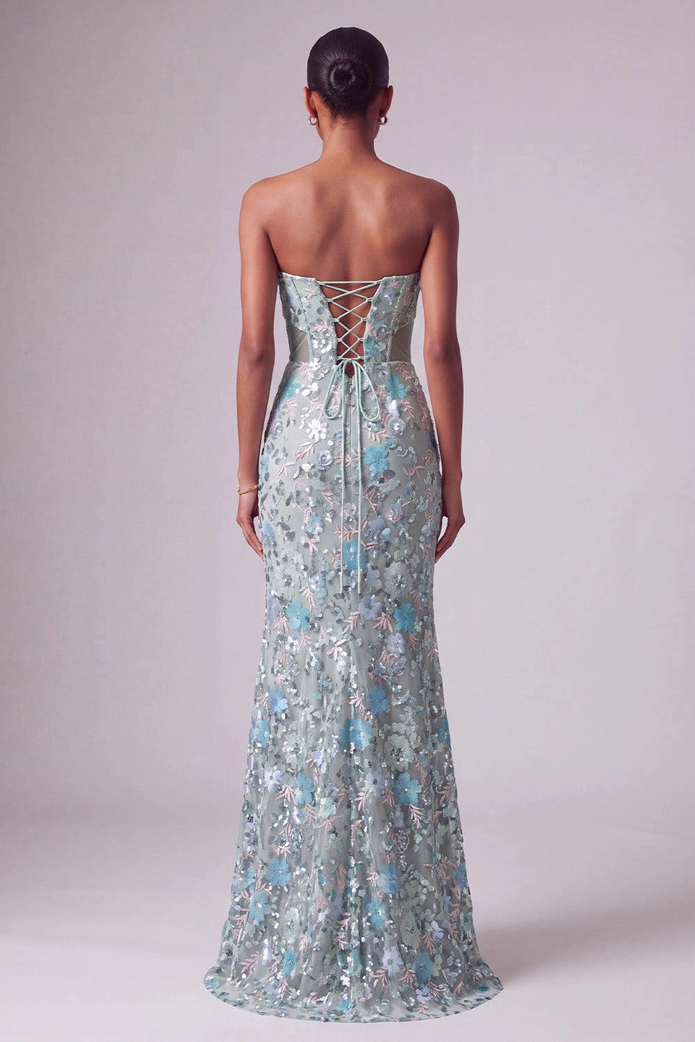 Romantic Mermaid Strapless Sweetheart Sleeveless Lace Up Back Floor Length Floral Sequin Bow Prom Dress