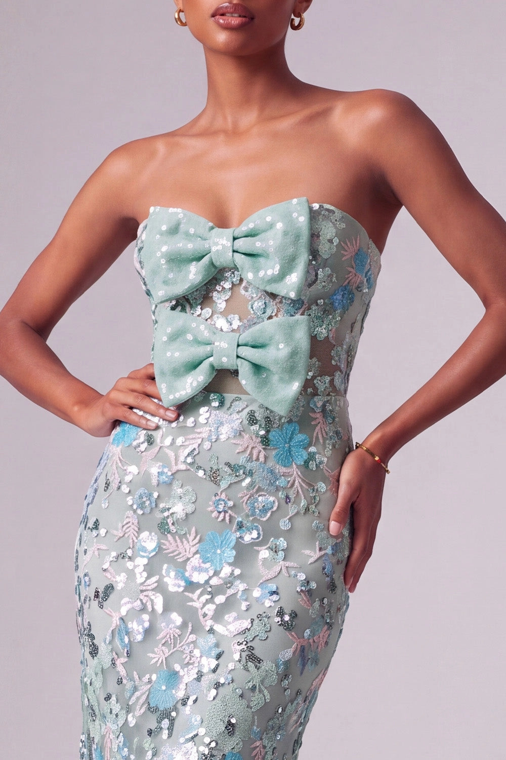 Romantic Mermaid Strapless Sweetheart Sleeveless Lace Up Back Floor Length Floral Sequin Bow Prom Dress
