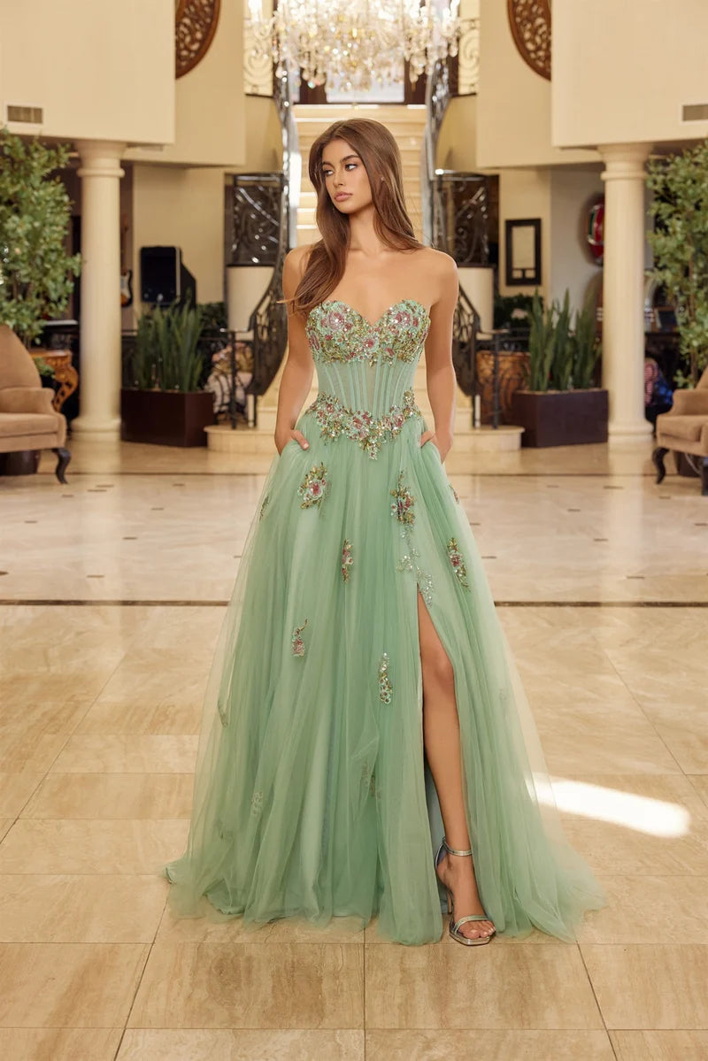 Loverlm sage green floral sequin sweetheart slit prom dress front view