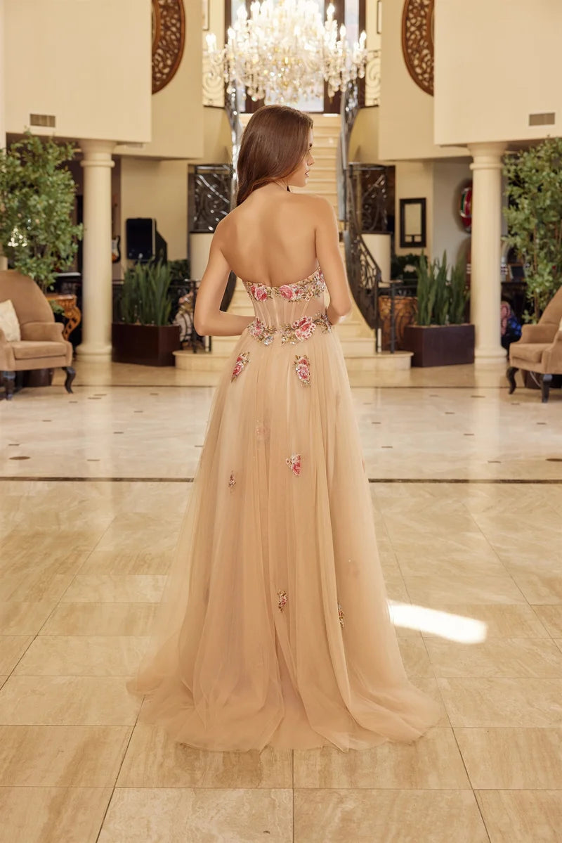 Elegant A-Line Sweetheart Strapless Low-Back Slit Floor-Length Prom Dress
