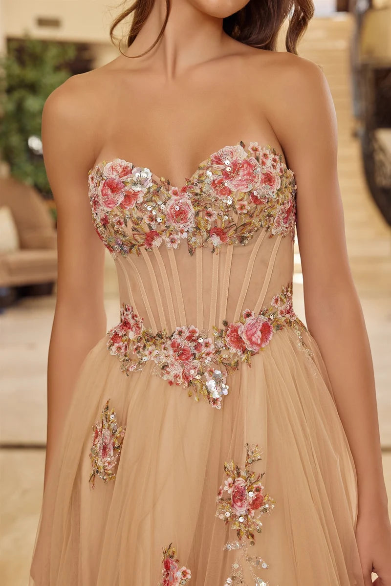 Elegant A-Line Sweetheart Strapless Low-Back Slit Floor-Length Prom Dress