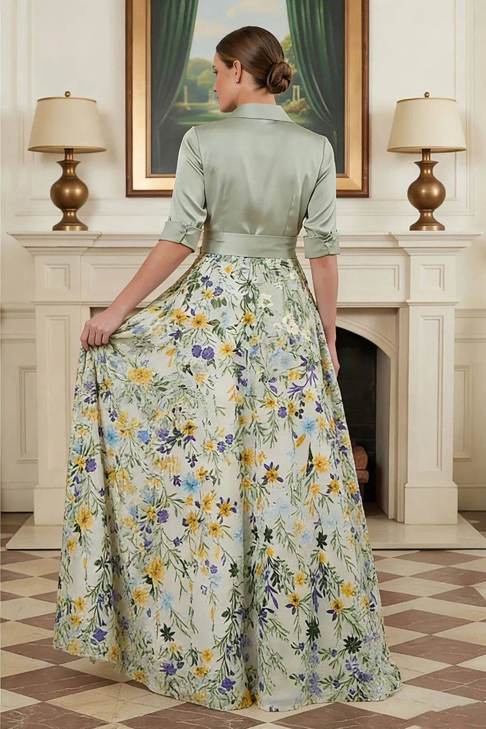Elegant Satin A-Line Collared Half-Sleeve Closed-Back Floral Floor-Length Wedding Guest Dress