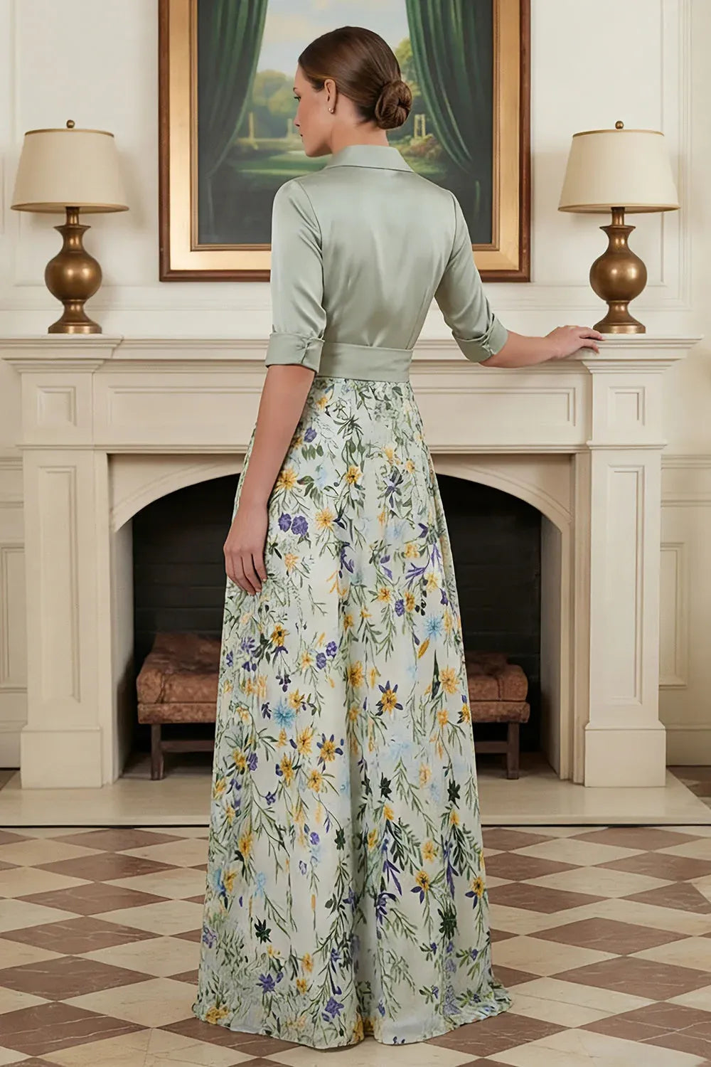 Elegant Satin A-Line Collared Half-Sleeve Closed-Back Floral Floor-Length Wedding Guest Dress