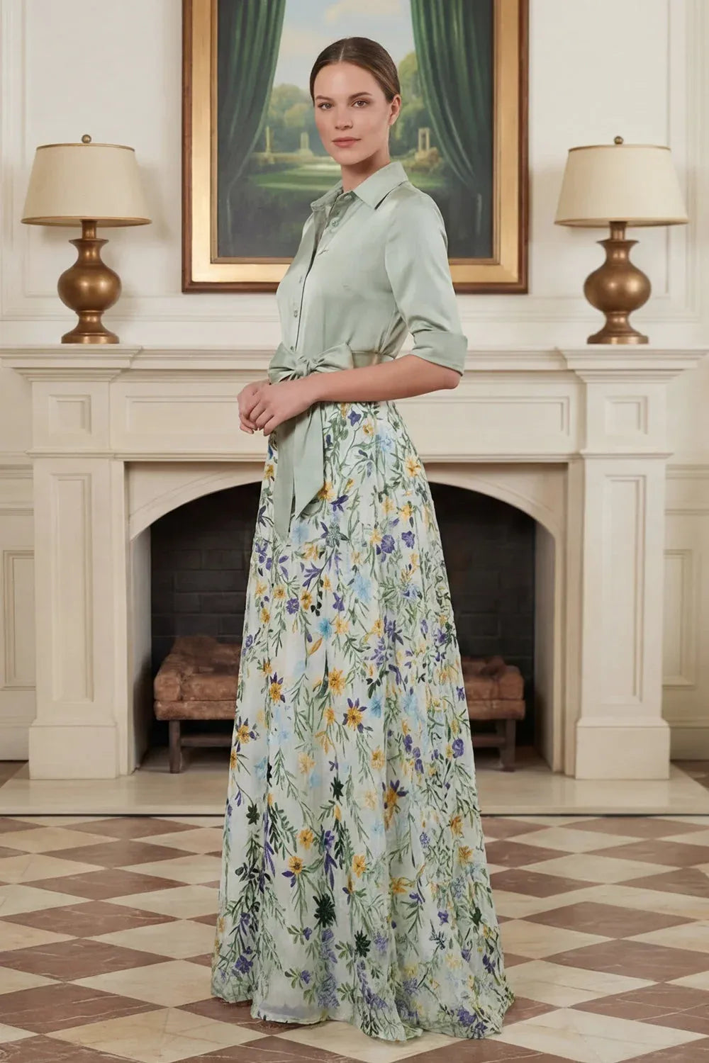 Elegant Satin A-Line Collared Half-Sleeve Closed-Back Floral Floor-Length Wedding Guest Dress