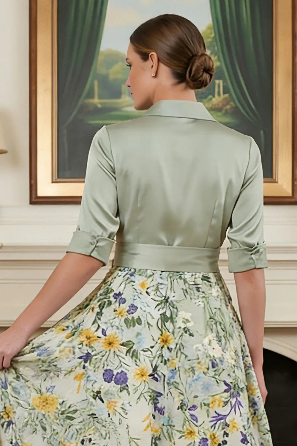 Elegant Satin A-Line Collared Half-Sleeve Closed-Back Floral Floor-Length Wedding Guest Dress