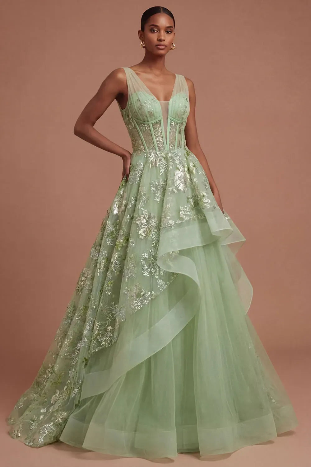 Romantic A-Line Plunging V-Neck Sleeveless V-Back Floor-Length Prom Dress
