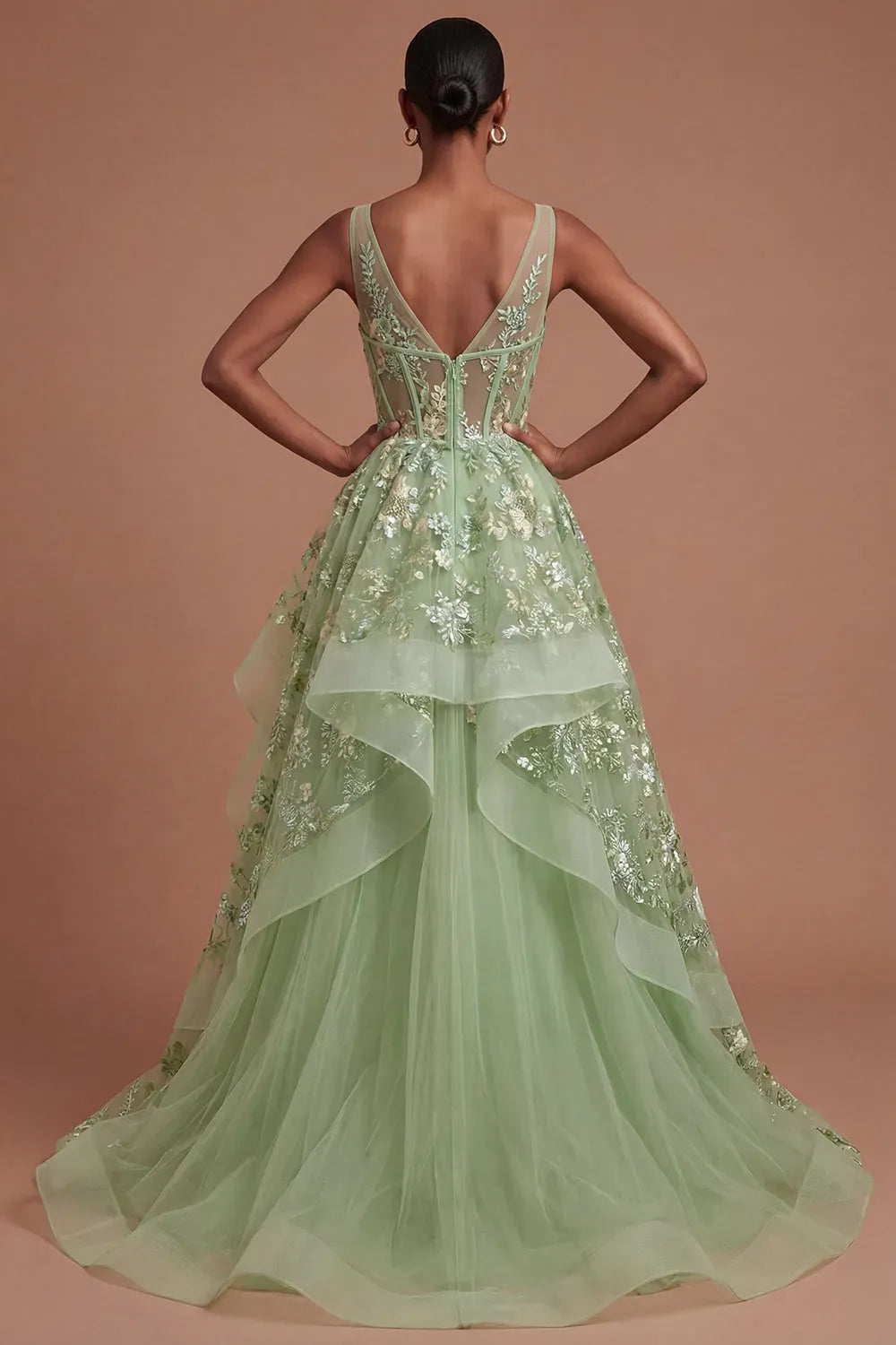 Romantic A-Line Plunging V-Neck Sleeveless V-Back Floor-Length Prom Dress