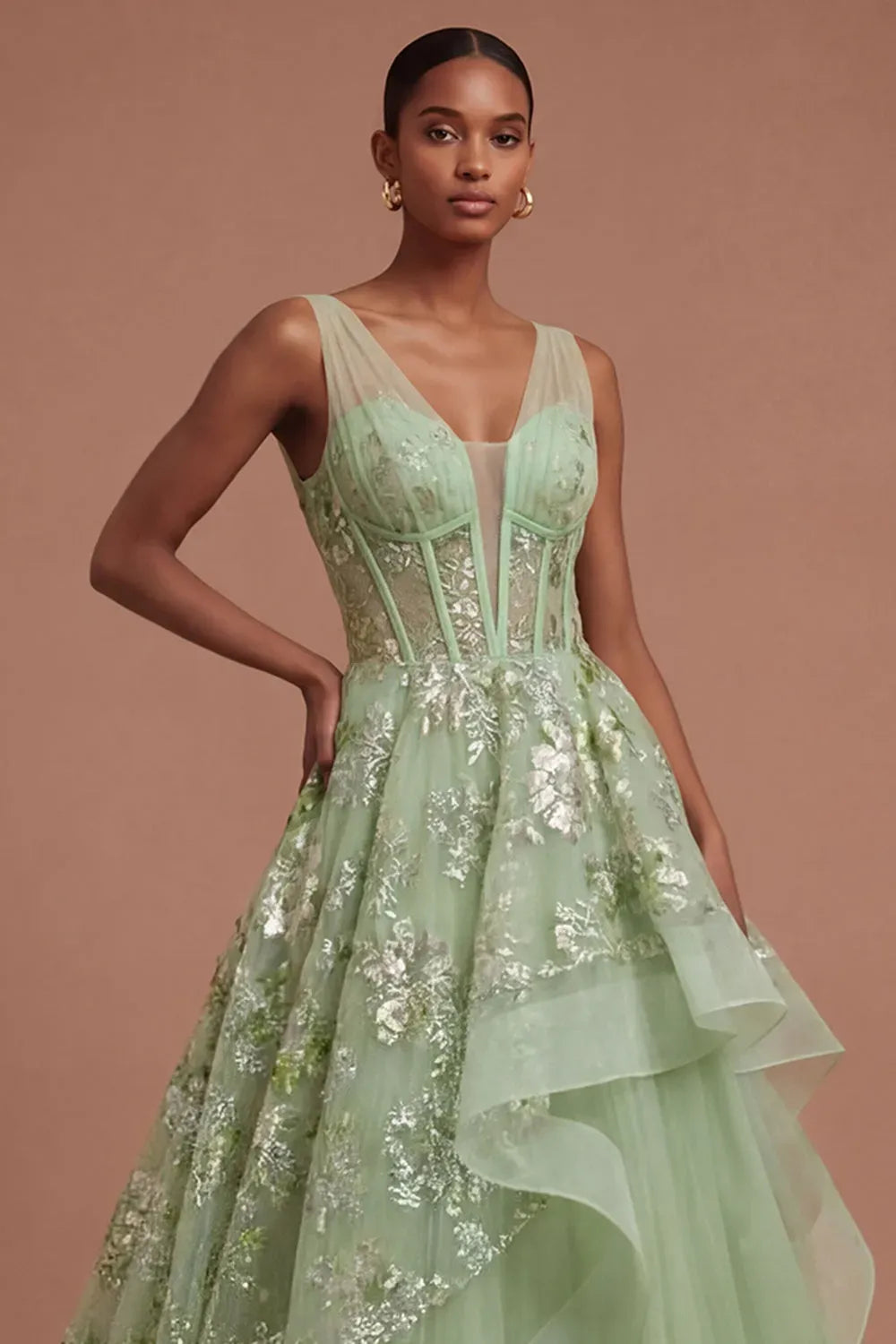 Romantic A-Line Plunging V-Neck Sleeveless V-Back Floor-Length Prom Dress