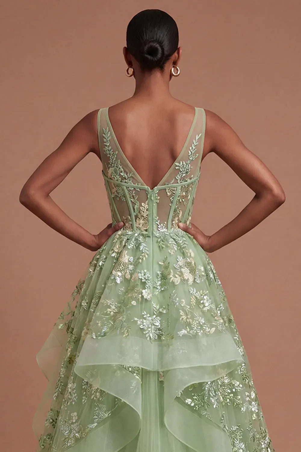 Romantic A-Line Plunging V-Neck Sleeveless V-Back Floor-Length Prom Dress