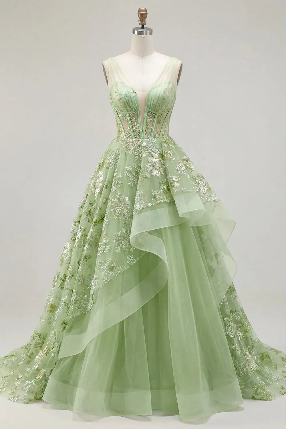 Romantic A-Line Plunging V-Neck Sleeveless V-Back Floor-Length Prom Dress
