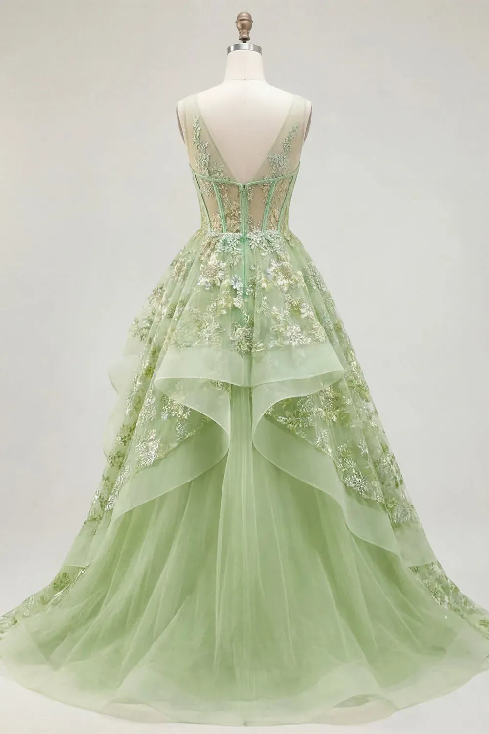 Romantic A-Line Plunging V-Neck Sleeveless V-Back Floor-Length Prom Dress
