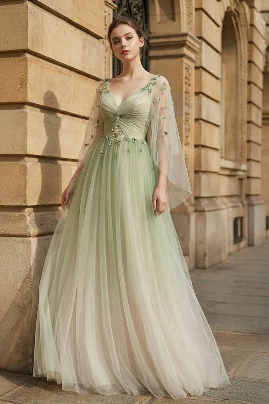 Loverlm sage green tulle A-line prom dress with V-neckline, sheer long sleeves and floral appliques front view
