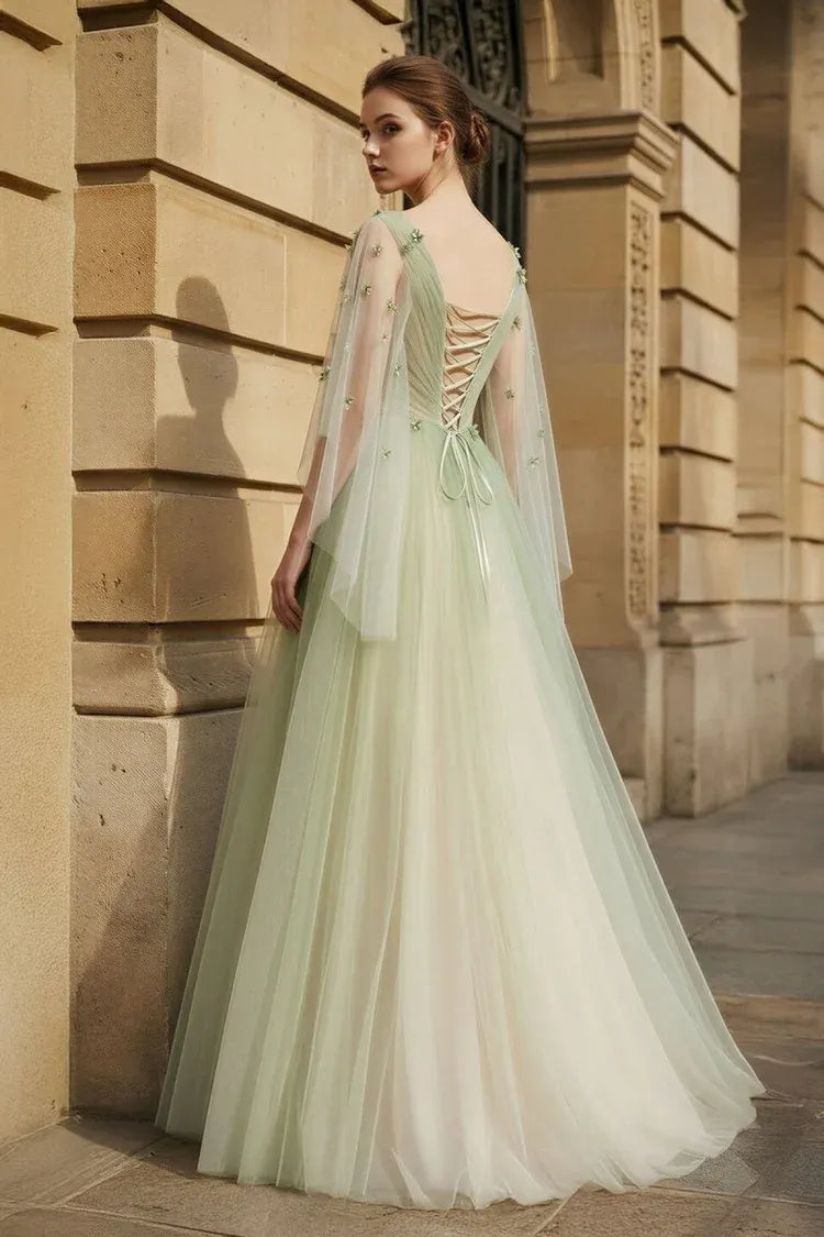 Romantic Tulle A-Line V-Neck Long-Sleeve Lace-Up Back Floor-Length Prom Dress
