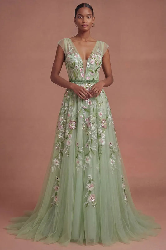 Loverlm sage green floral A-line prom dress with plunging V-neck tulle skirt