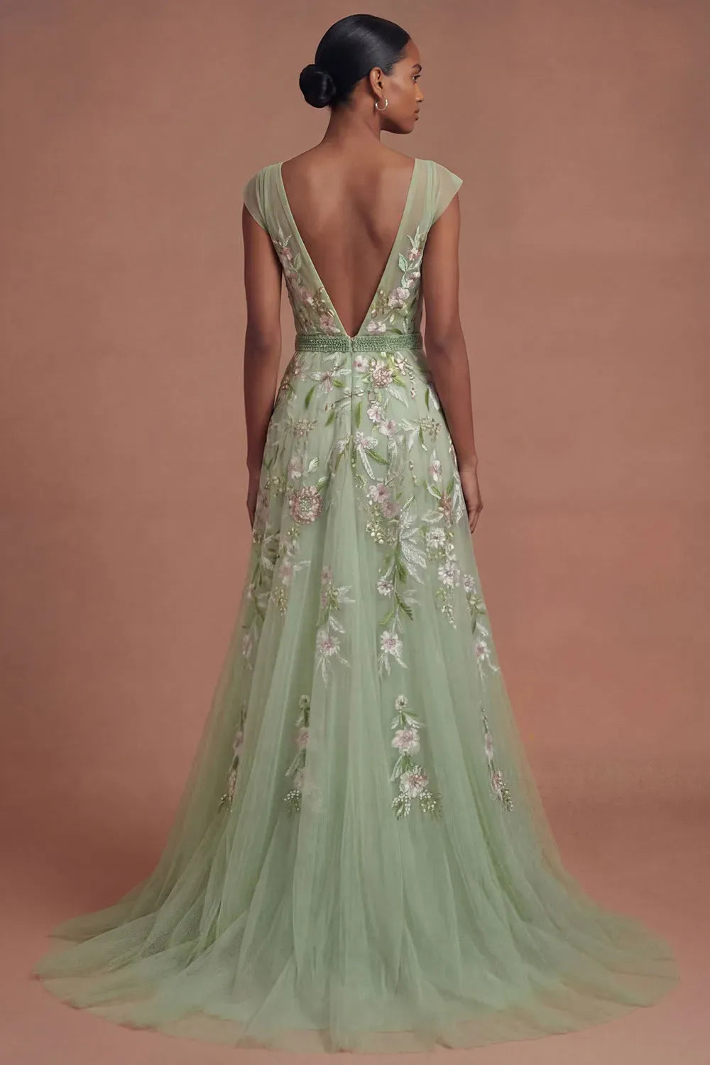 Romantic A-Line Plunging V-Neck Sleeveless V-Back Tulle Floor-Length Prom Dress