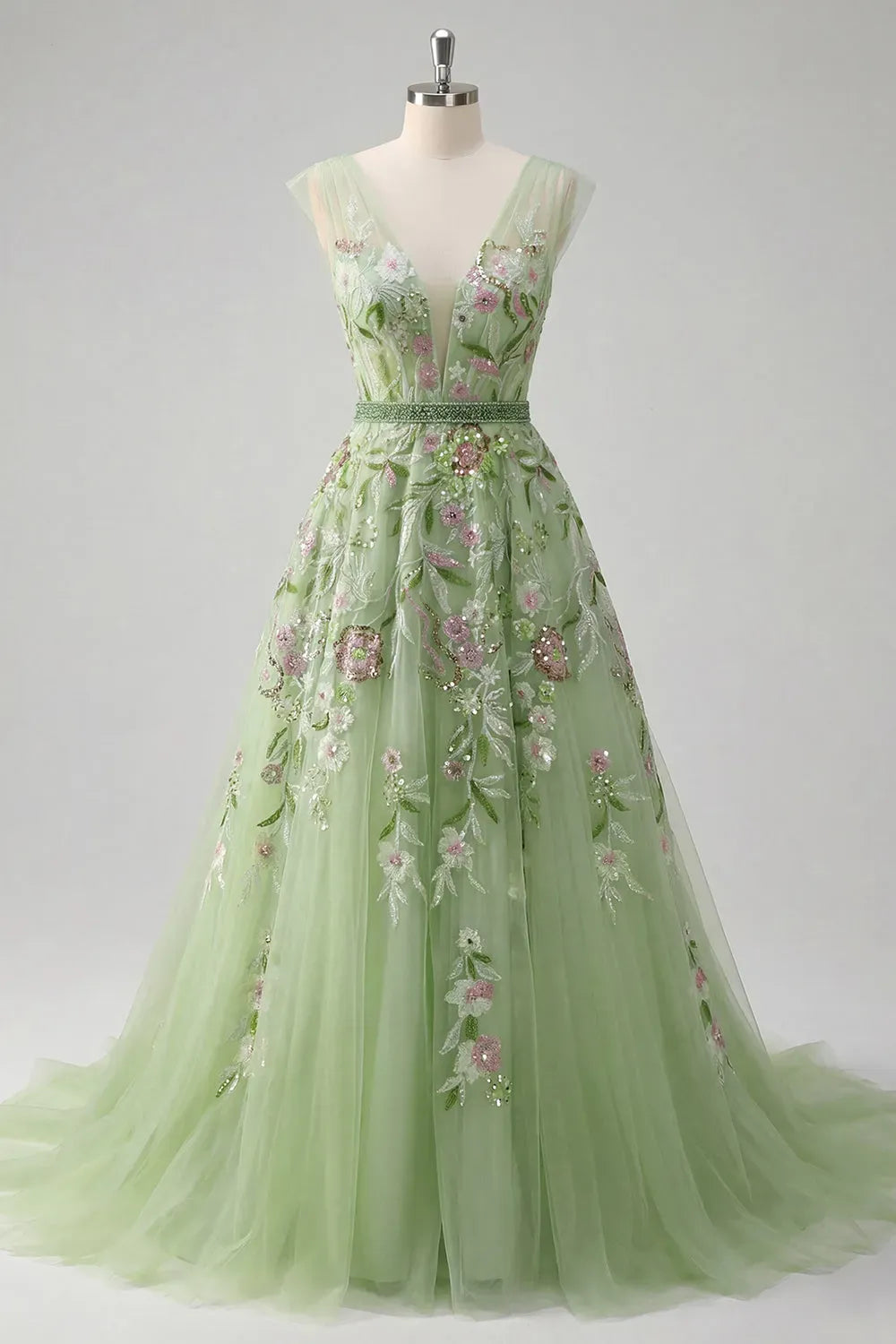 Romantic A-Line Plunging V-Neck Sleeveless V-Back Tulle Floor-Length Prom Dress
