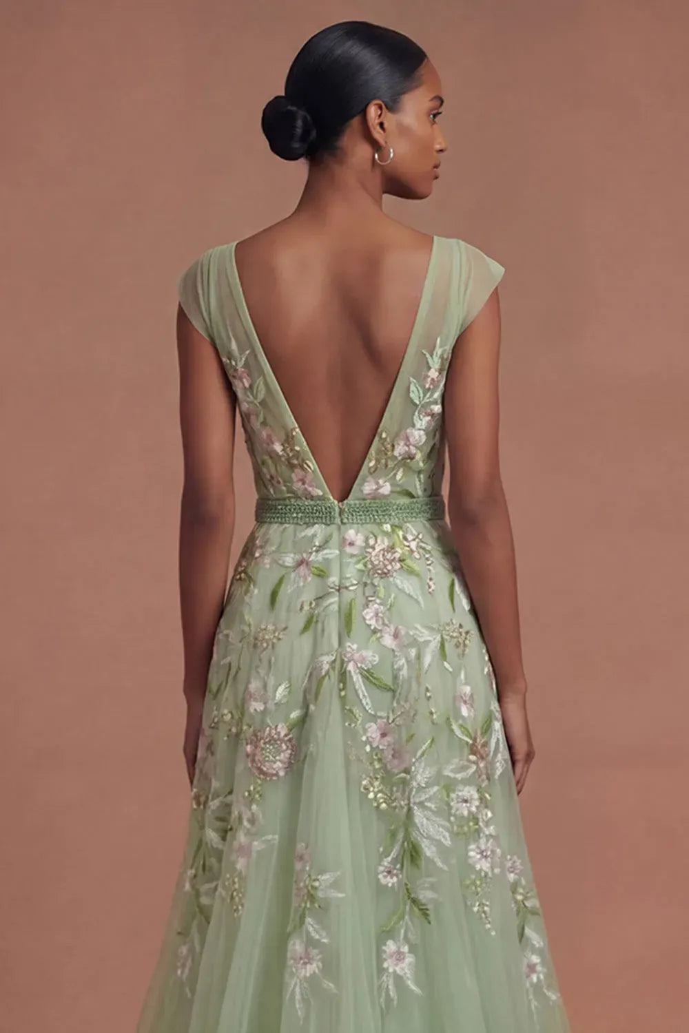 Romantic A-Line Plunging V-Neck Sleeveless V-Back Tulle Floor-Length Prom Dress