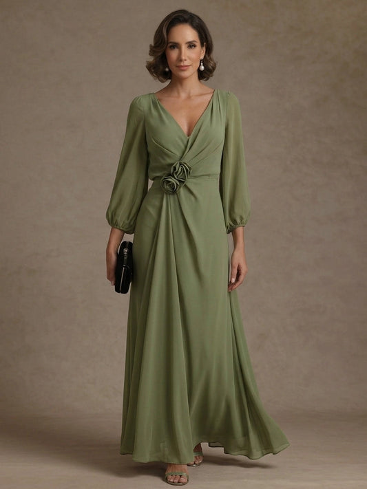 Loverlm sage green V-neck floral waist A-line Mother of the Bride Dress front view
