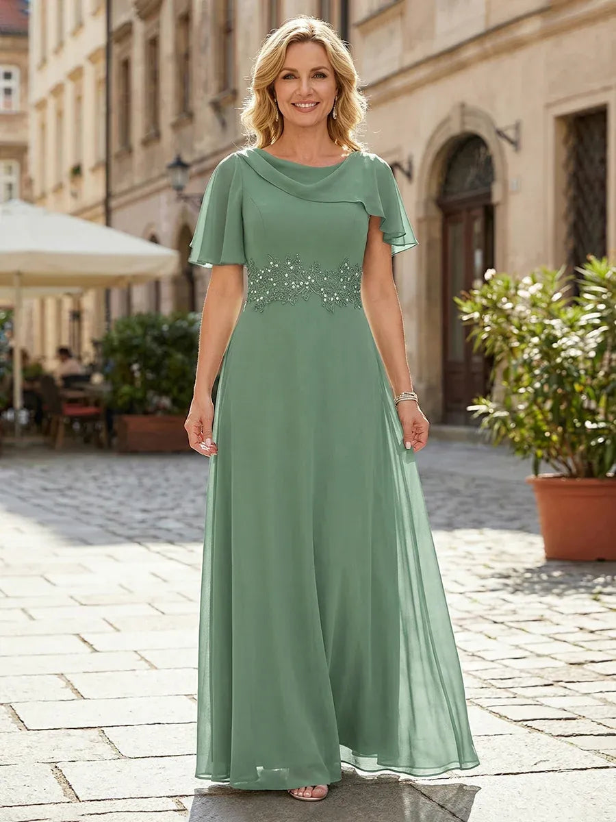 Loverlm sage green mother of the bride dress with draped neckline flutter sleeves embellished waist and floor-length A-line skirt