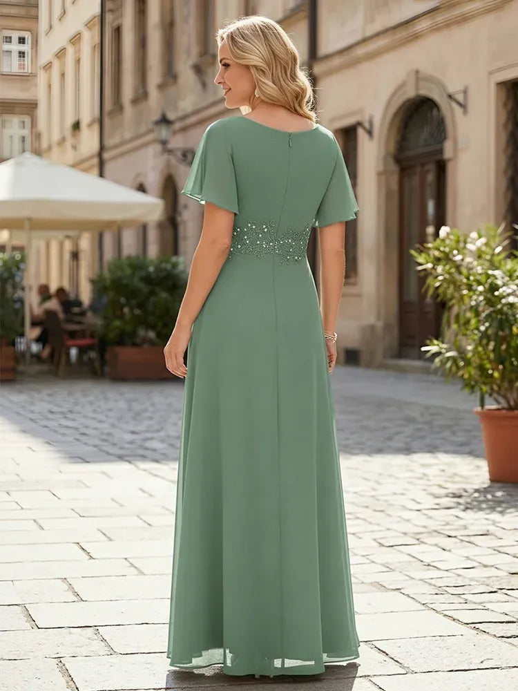 Elegant A-Line Draped Neck Flutter-Sleeve Closed-Back Floor-Length Mother of Bride Dress