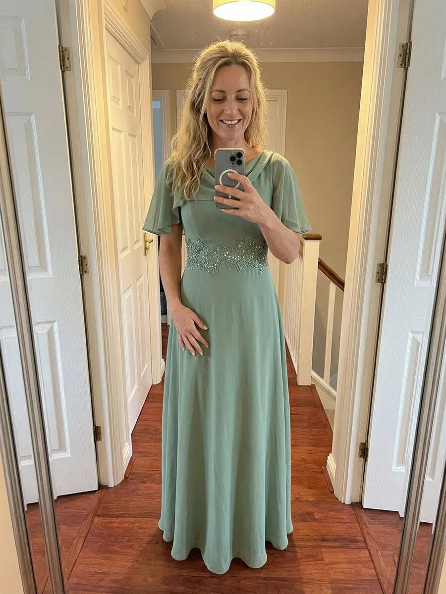 Elegant A-Line Draped Neck Flutter-Sleeve Closed-Back Floor-Length Mother of Bride Dress