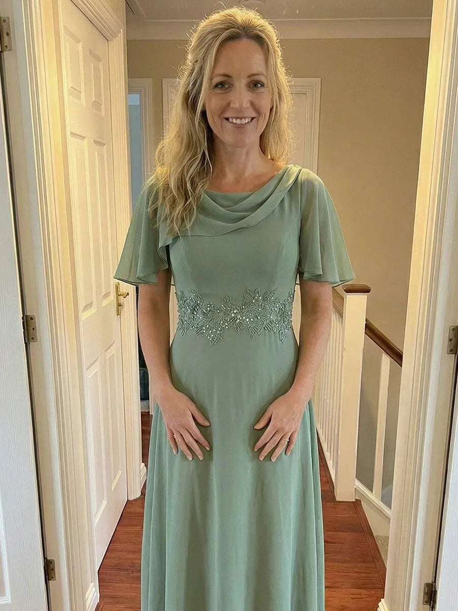 Elegant A-Line Draped Neck Flutter-Sleeve Closed-Back Floor-Length Mother of Bride Dress