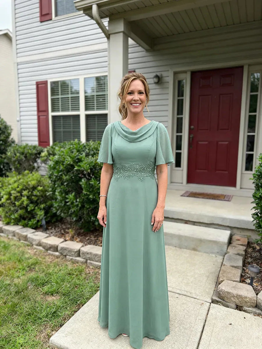 Elegant A-Line Draped Neck Flutter-Sleeve Closed-Back Floor-Length Mother of Bride Dress