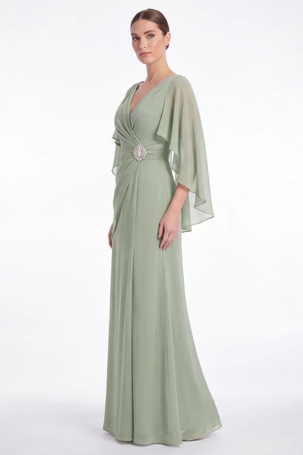 Embellished Chiffon Sheath V-Neck Cape-Sleeve V-Back Floor-Length Mother of the Bride Dress