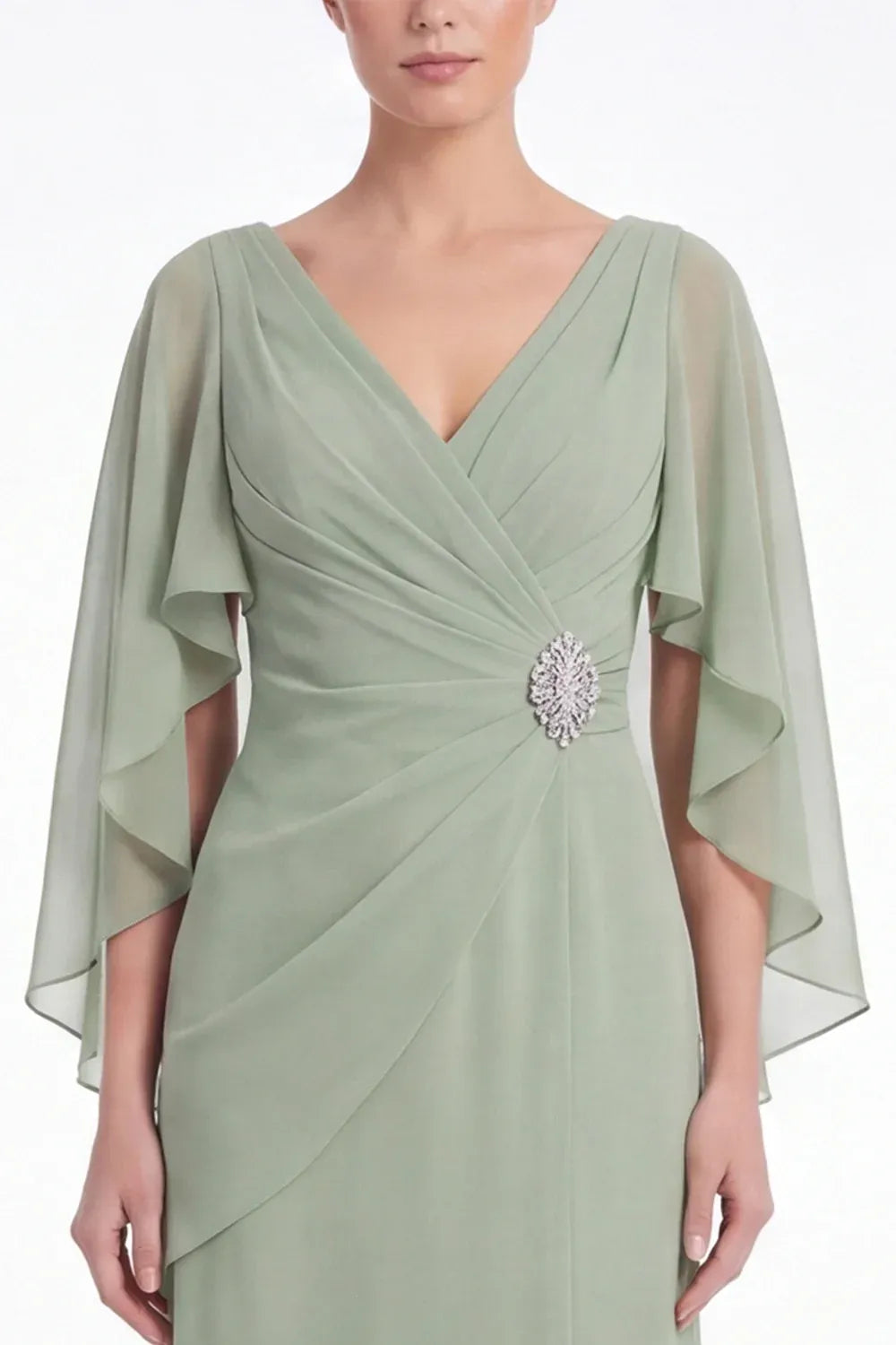 Embellished Chiffon Sheath V-Neck Cape-Sleeve V-Back Floor-Length Mother of the Bride Dress