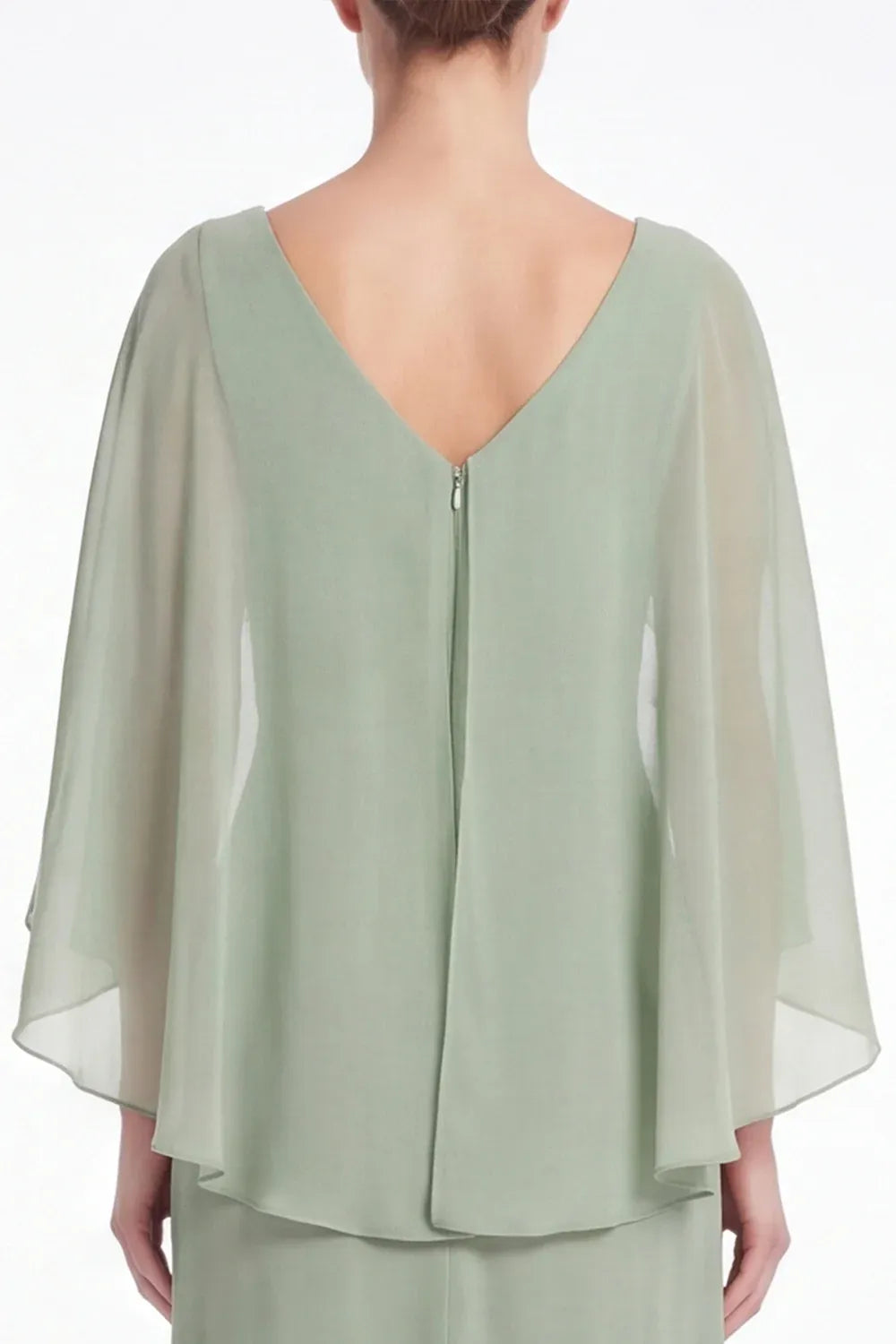 Embellished Chiffon Sheath V-Neck Cape-Sleeve V-Back Floor-Length Mother of the Bride Dress