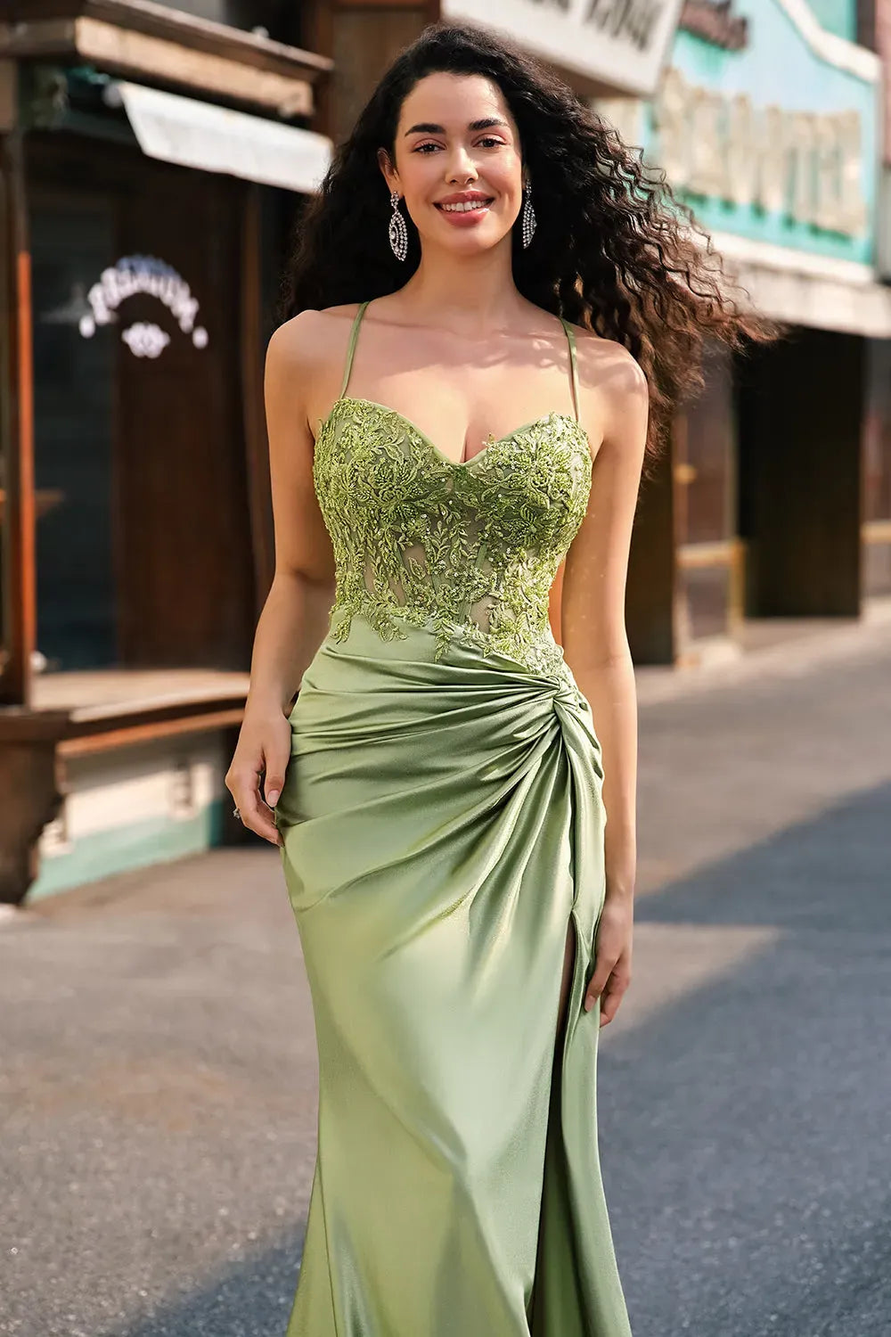 Elegant Sage Green Mermaid Sweetheart Spaghetti-Strap Lace-Up Floor-Length Prom Dress