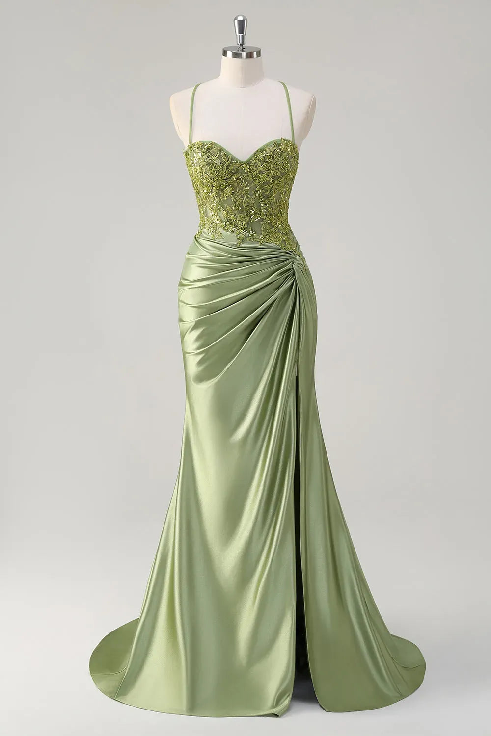 Elegant Sage Green Mermaid Sweetheart Spaghetti-Strap Lace-Up Floor-Length Prom Dress