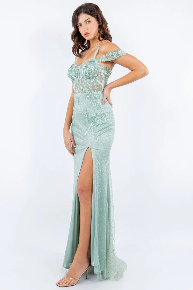 Elegant Sheath Sweetheart Spaghetti-Strap Off-Shoulder Lace-Up Slit Floor-Length Prom Dress