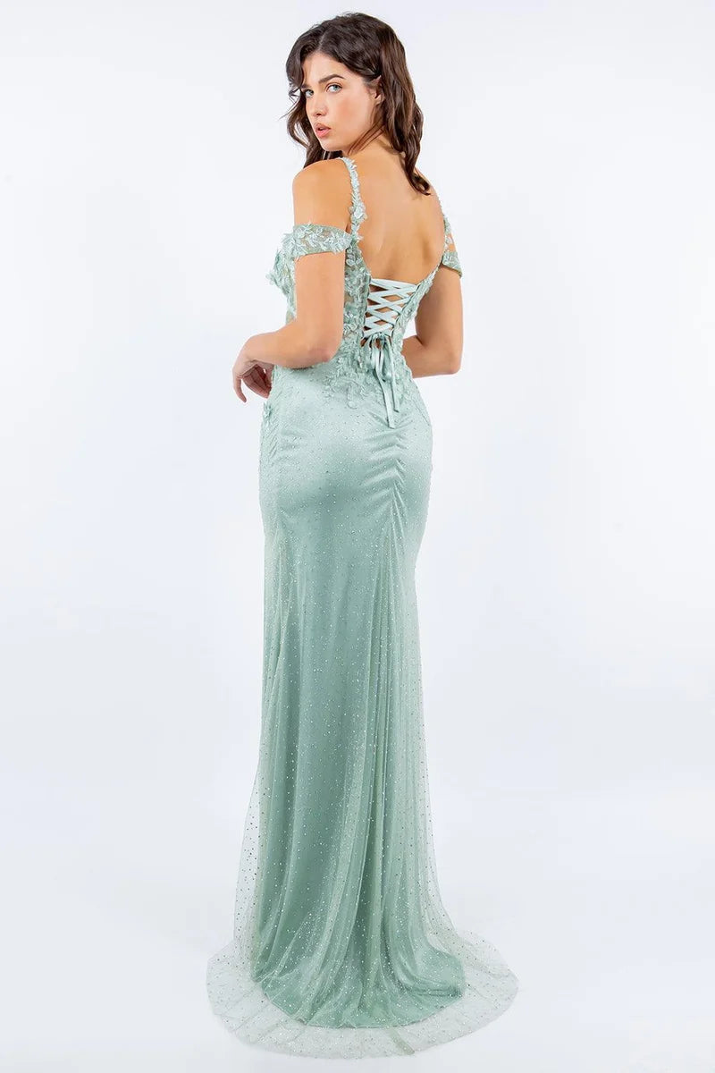 Elegant Sheath Sweetheart Spaghetti-Strap Off-Shoulder Lace-Up Slit Floor-Length Prom Dress