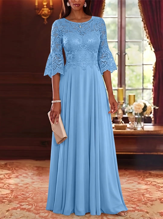 Elegant A-Line Illusion Round Neck Bell Sleeve Lace Back Floor Length Mother of the Bride Dress