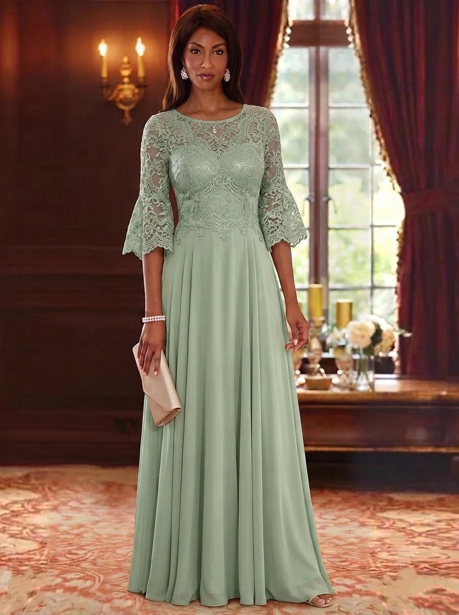 Sage green lace Mother of the Bride dress with illusion neckline, bell sleeves and floor length chiffon skirt by Loverlm