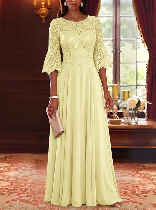 Elegant A-Line Illusion Round Neck Bell Sleeve Lace Back Floor Length Mother of the Bride Dress