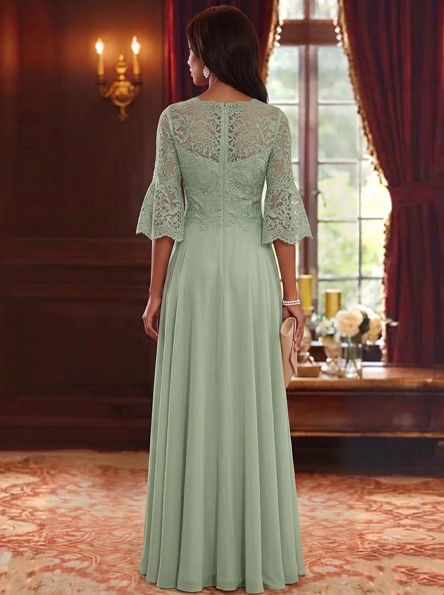 Elegant A-Line Illusion Round Neck Bell Sleeve Lace Back Floor Length Mother of the Bride Dress