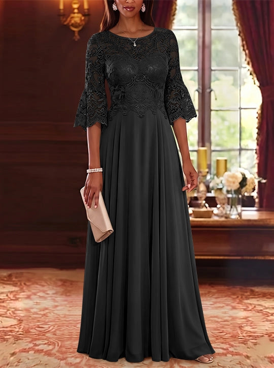 Elegant A-Line Illusion Round Neck Bell Sleeve Lace Back Floor Length Mother of the Bride Dress