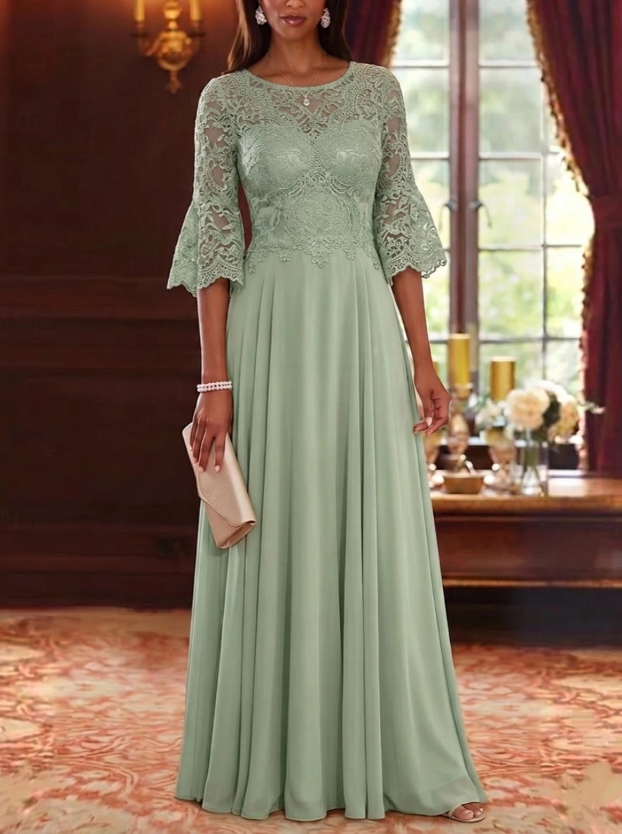 Elegant A-Line Illusion Round Neck Bell Sleeve Lace Back Floor Length Mother of the Bride Dress