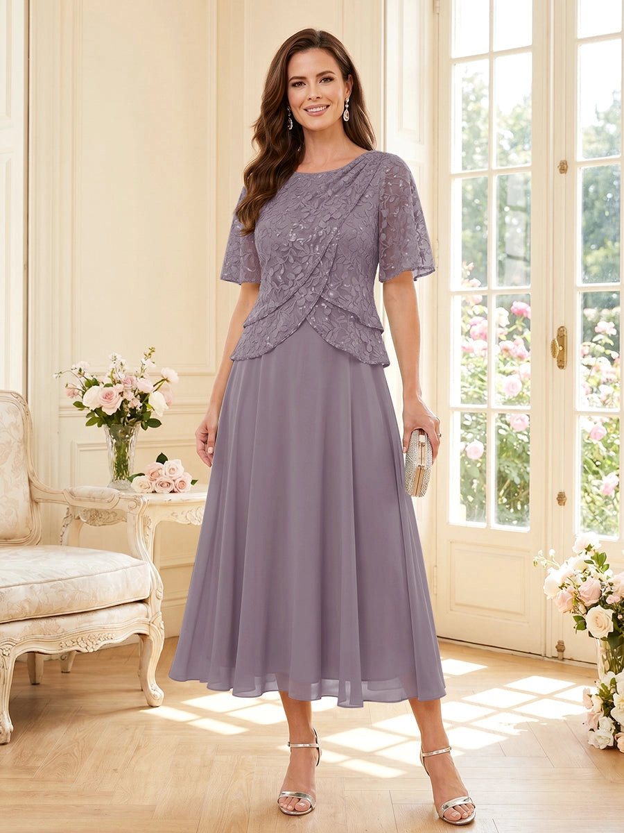 Elegant A-Line Round Neck Short Sleeve Zipper Back Tea Length Mother of the Bride Dress